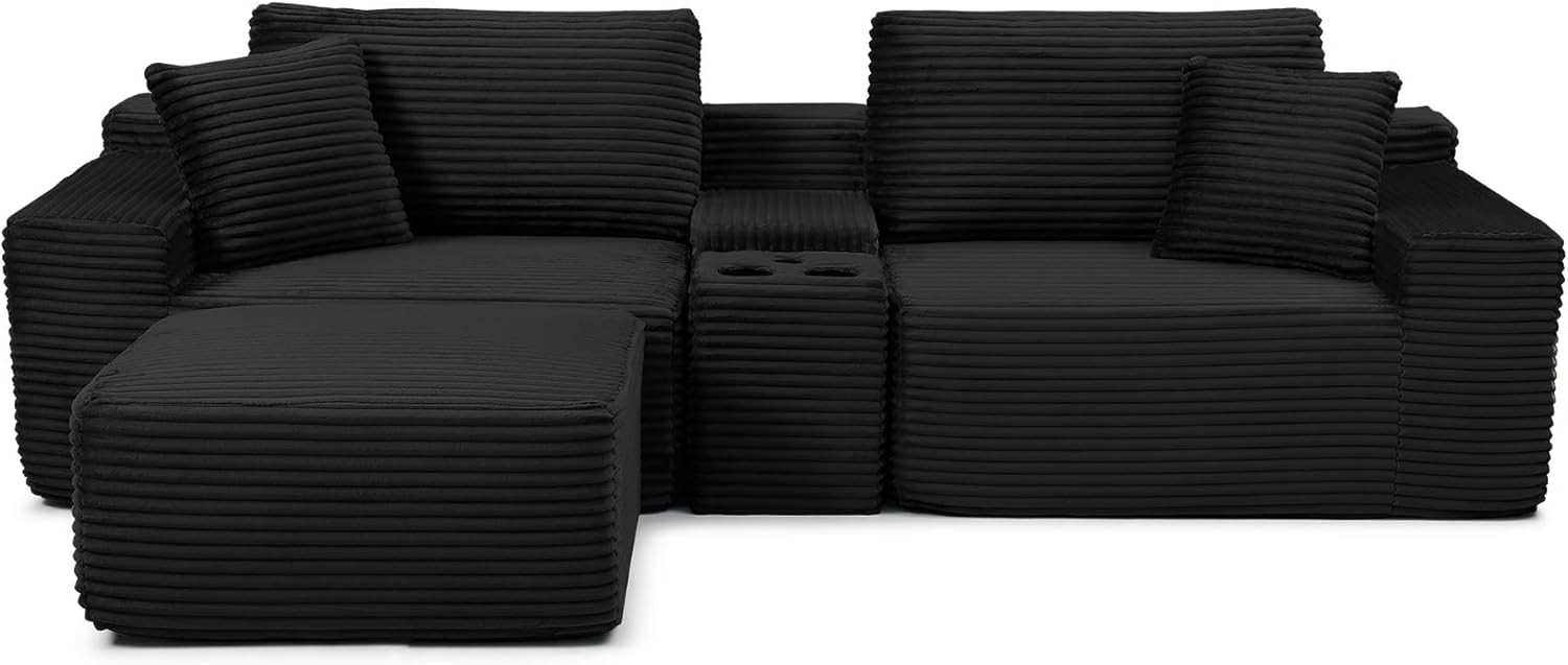 111" L Shape Boneless Couch with Cup Holders & USB Ports, 3 Seater Sectional Modular Couch with Storage Ottoman, Compressed Sofa Boneless Loveseat with for Living Room & Apartment, Jet Black