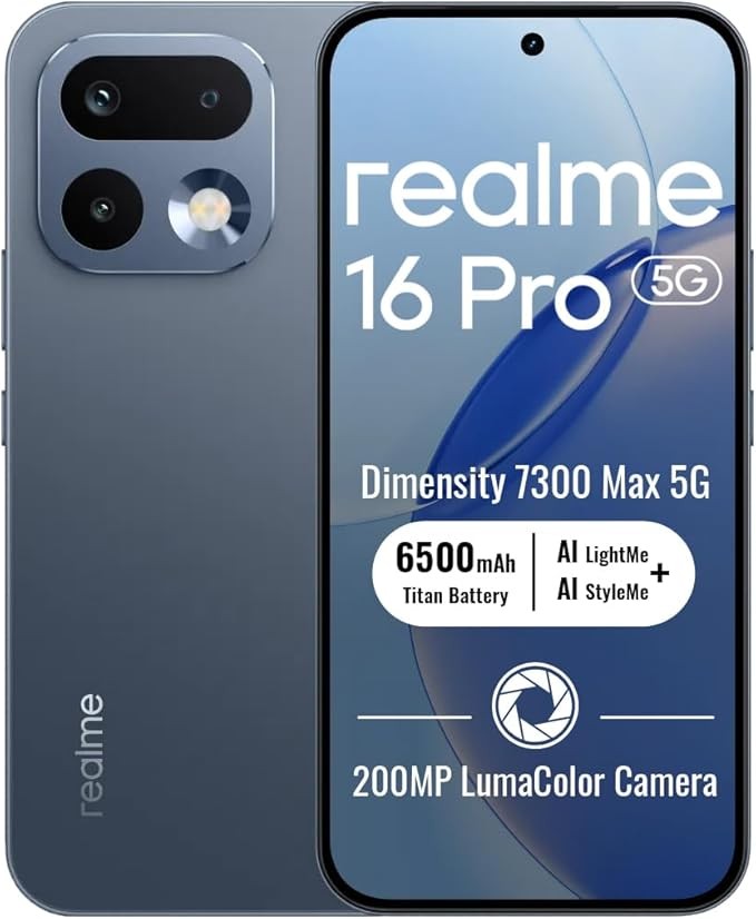 realme 16 Pro 5G Unlocked Smartphone 8GM RAM 144Hz AMOLED Display, 7000mAh Battery, 80W SuperVOOC, 50+200MP Camera, MediaTek Dimensity 7300 Max 5G Chipset, IP69