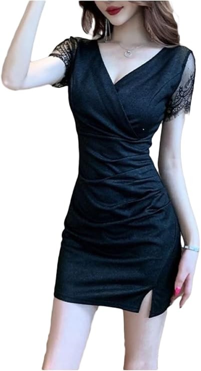 Ems Mimi Women's Sexy Short Sleeve Dress, Elegant Lace Sleeve, Slit Detail