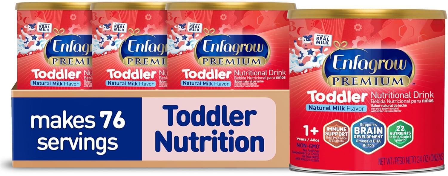 Enfagrow Premium Toddler Milk Nutritional Drink, Enfagrow Toddler Drink, Try Our Brain-Supporting Trio, 24 oz Natural Milk, Pack of 4