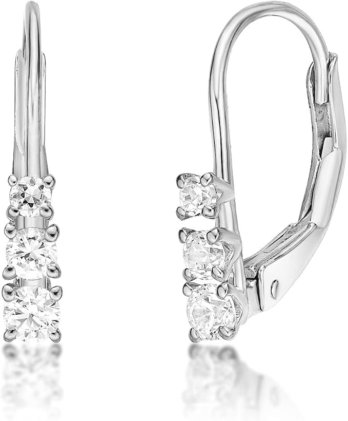 Lavari Jewelers 1/4 Carat Synthetic Diamond Three-Stone Dangle Earrings for Women in 10K White Gold (G-H, VS2-SI1, cttw) Leverback