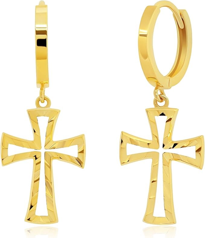 Genuine 14k Yellow Gold Minimalist Huggie Hoop Earrings Dangle Diamond-Cut Cross