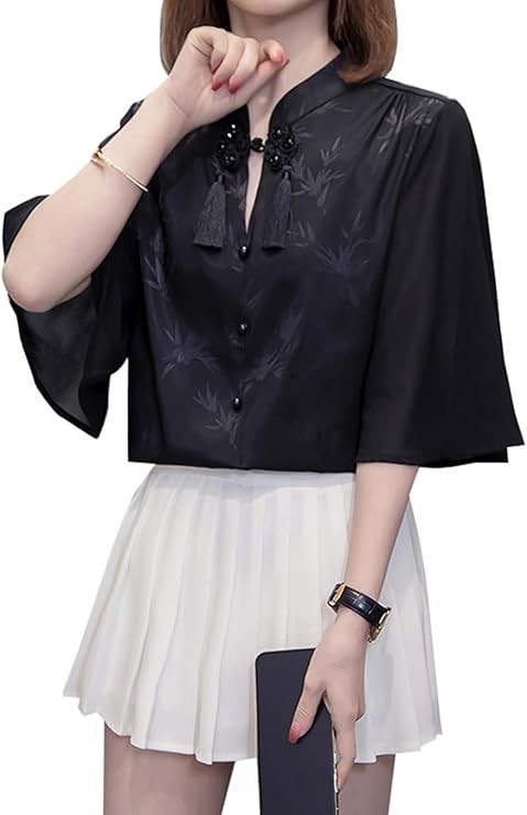 JIYUTOR Women's Chiffon Blouse, Top, Chinese-Style Shirt, Bamboo Pattern, China Buttons, Lined, Short Sleeve Shirt, Standing Collar, Solid, Loose, Large Size, 3/4 Sleeves, Korean Fashion, Work, Flare