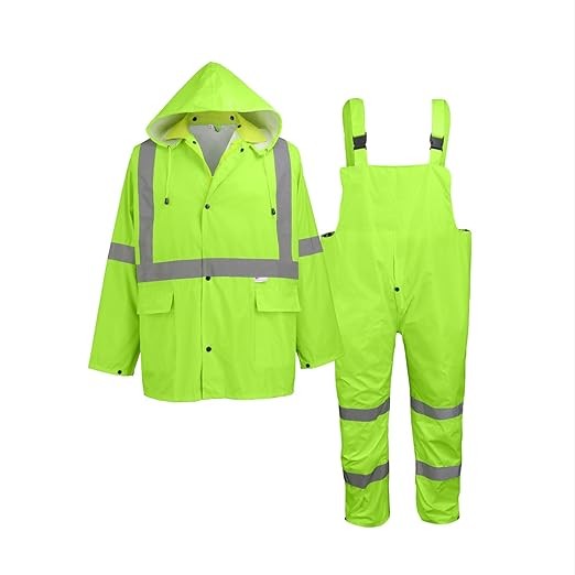 GGS Three-Piece Rain Suit - High Visibility, Waterproof Bibs and Jacket with Detachable Hood, Lightweight Rainwear for Construction, Camping, Hiking, Fishing Gear