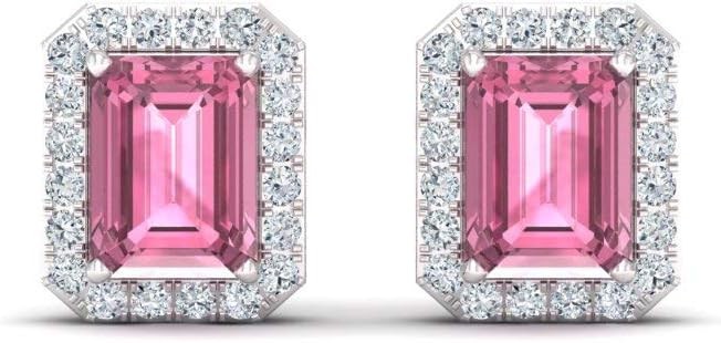 Diamondere Natural Certified Gemstone and Diamond Petite Stud Earrings, 14K White Gold, 0.67 Carat Halo Earrings, Women's