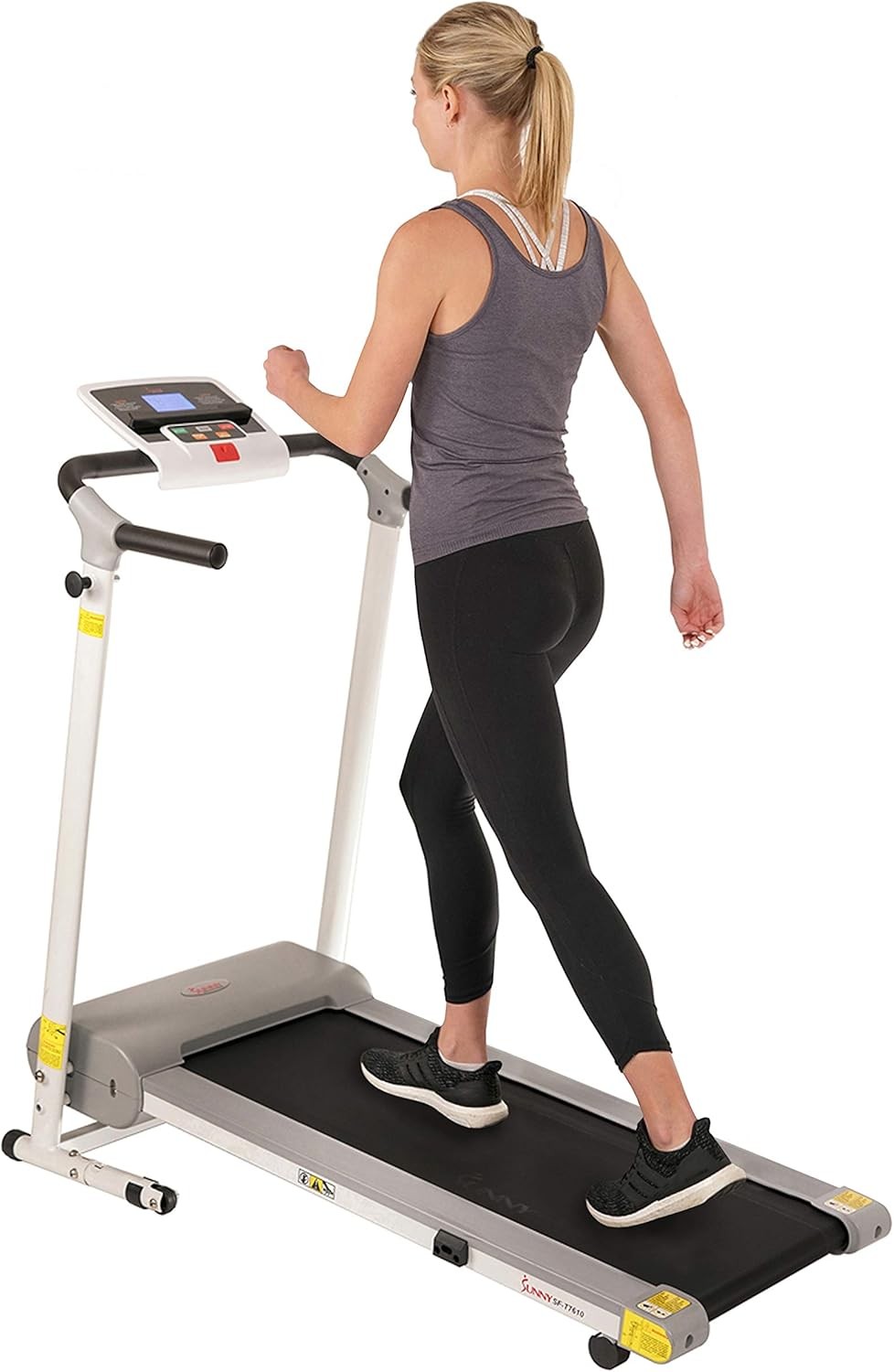 Sunny Health & Fitness SF-T7610 Electric Walking Folding Treadmill with LCD Display and Device Holder Maximum Weight 220 lbs, White