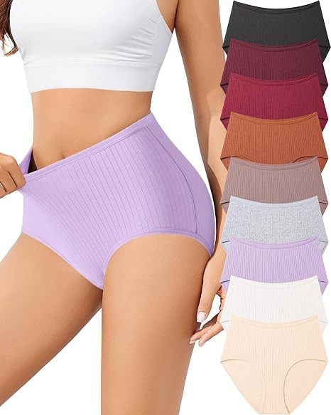 SIONCY 9 Pack Womens Underwear Cotton High Waisted Full Coverage Briefs | Ribbed Breathbale Wicking Stretch Underwear Women Pack