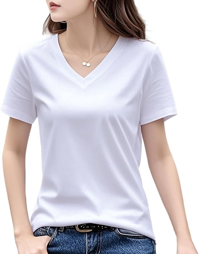 ODFMCE Women's T-Shirt, Summer, Short Sleeve, Loose, V-Neck, Cotton, Solid, Stylish, Beautiful, Large Size