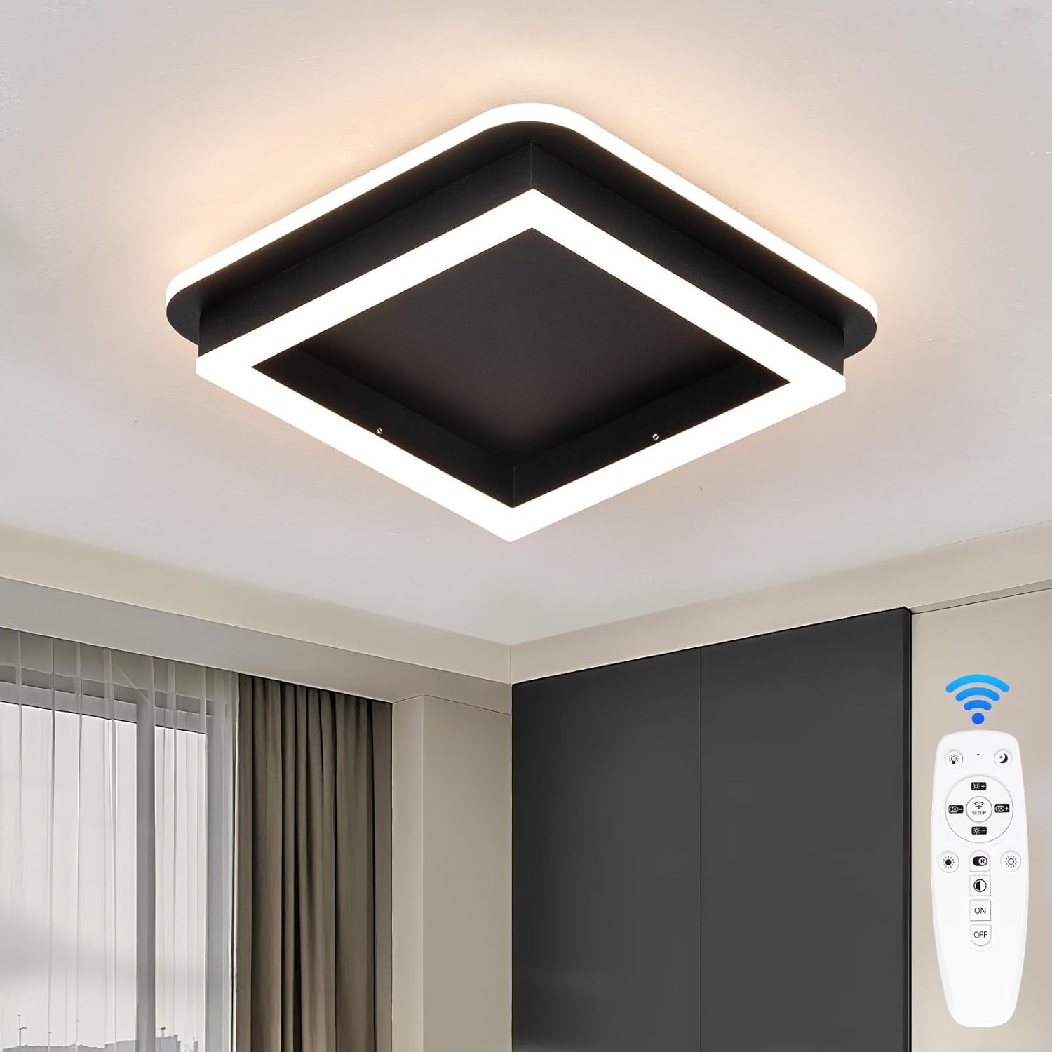 Modern Ceiling Light Fixtures,3000-6000K Dimmable Hallway Light Fixtures with Remote Control Acrylic Square Ceiling Lamp for Kitchen Laundry Bedroom Bathroom Ceiling Lights (All Black)