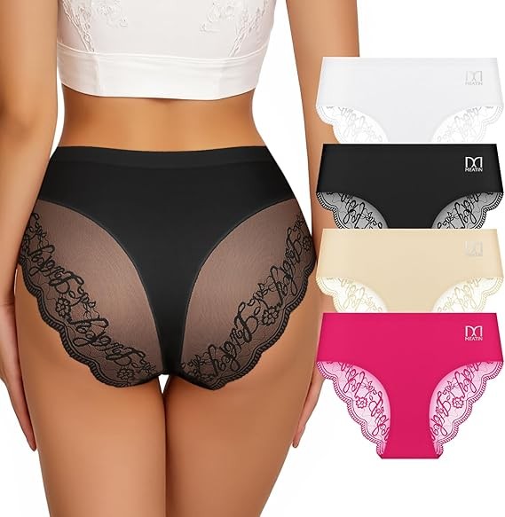 Cheeky Underwear for Women Lace Silky Seamless No Show Bikini Soft Breathe Panties Ladies Sexy Hipster 4Pack