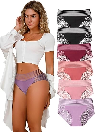 Lace Sexy Undies for Women Stretch Full Coverage Control High Waist Cheeky Top Panties 6 Pack S-4XL