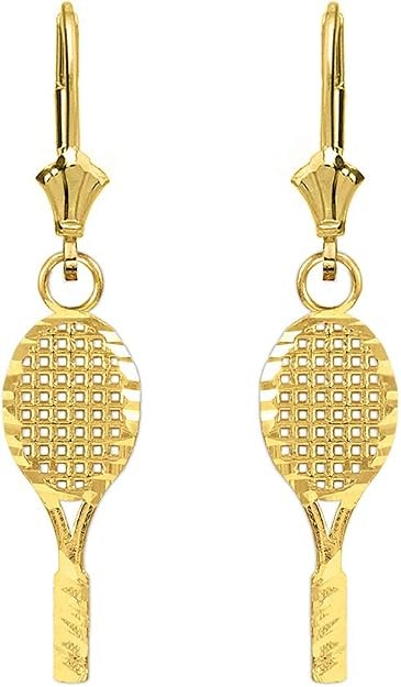 Solid 10k Yellow Gold Tennis Racquet Sport Leverback Earrings