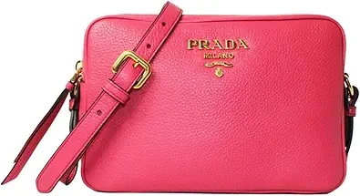 Prada 1BH079 Peonia Pink Vitello Phenix Leather Double Zip Crossbody Bag with Gold Hardware, Milano Logo, Adjustable Strap and Dual Compartments New