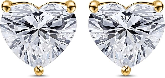 14K Yellow Gold or White Gold Stud Earrings, 0.50-2.00 Carat Heart-Shaped Stud Earrings with Synthetic Diamonds/Synthetic Blue Sapphires/Synthetic Emeralds, Women's, Gift Box Included