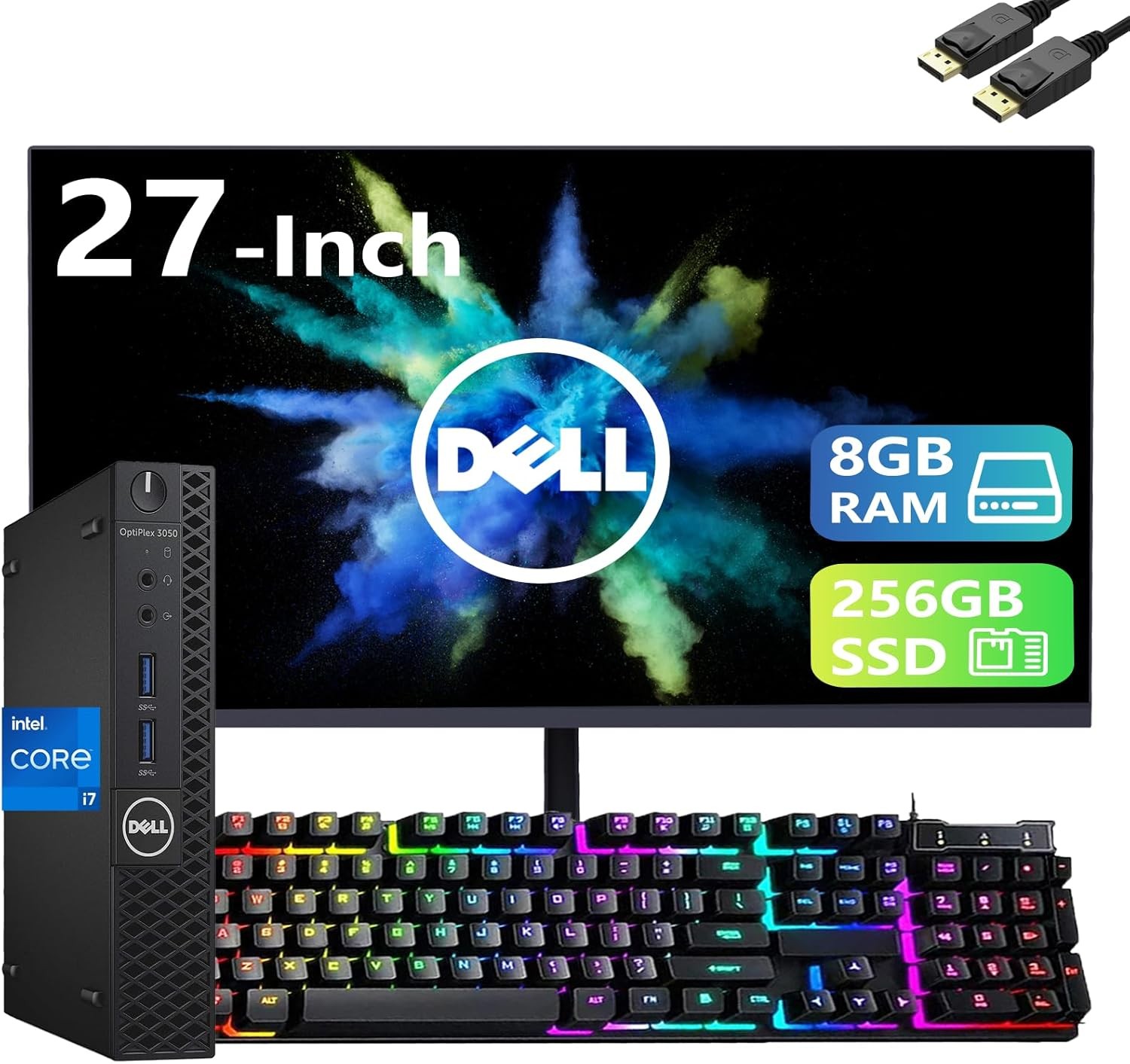 Dell Optiplex 3050 Mini Desktop, Windows 11 Pro, with 27 inch FHD (1920 x 1080) Monitor, Intel Core i7-7700T, 8GB DDR4 RAM, 256GB SSD, Keyboard&Mouse, USB WiFi, USB BT(Renewed)