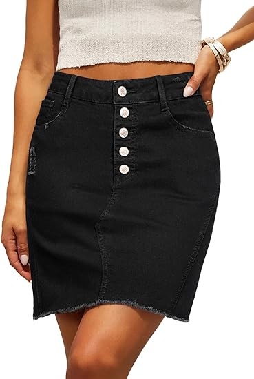 Sidefeel Women's Jean Skirt Stretchy Ripped Frayed Button Fly Summer Denim Skirt