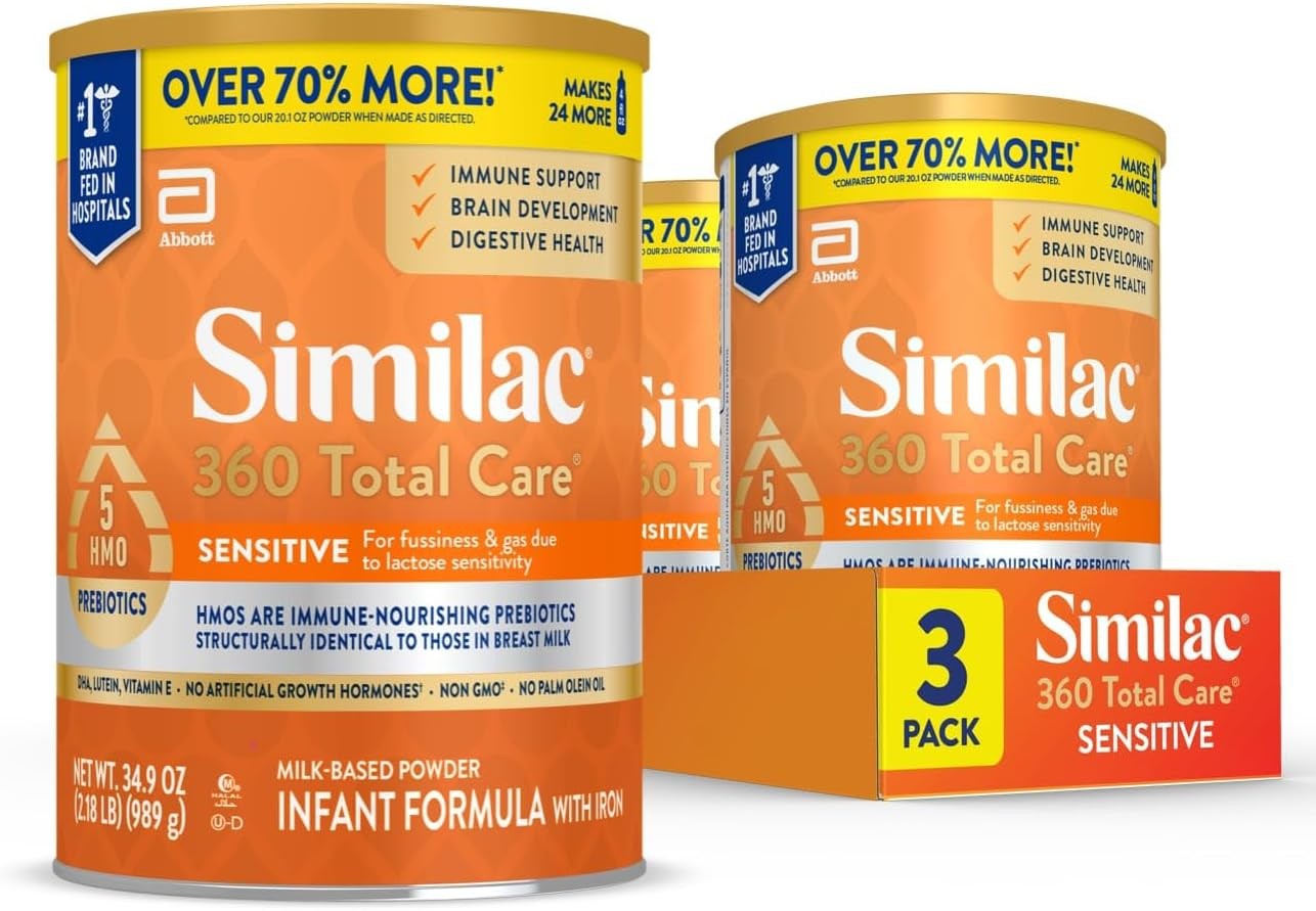 Similac 360 Total Care Sensitive Infant Formula for Fussiness & Gas Due to Lactose Sensitivity, Has 5 HMO Prebiotics, Baby Formula Powder, 34.9-oz Value Can, Pack of 3