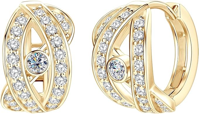 10K Solid Gold Moissanite Huggie Earrings, 0.7-1.2 Carat Brilliant Round Cut Imitation Diamond Hoop Earrings, 10K Yellow Gold Huggie Earrings, Women's & Men's Hoop Earrings, Engagement, Wedding, Jewel