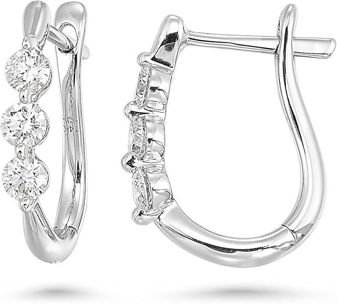 Diamond Delight 1/2 Carat Natural Diamond Huggie Hoop Earrings for Women - Elegant Trilogy Design 14K White Gold Earrings (F, VS1, 0.50 cttw) with Secure Hinged Hoops, Metal Gemstone Metal. Gemstone.
