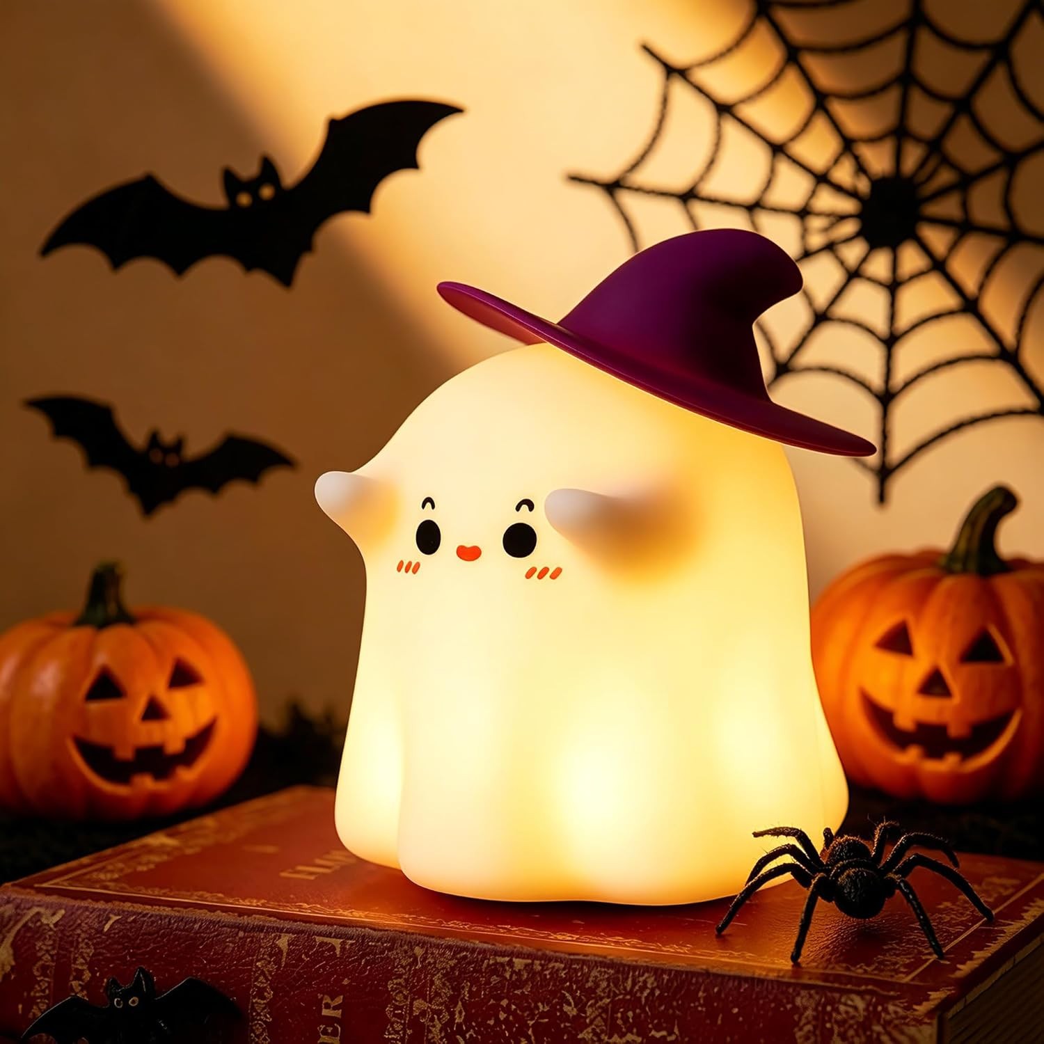BrizLabs Ghost Night Light, Rechargeable Halloween Night Light, Dimmable Silicone Nursery Nightlight, Tap Control Cute Ghost Lamp, LED Bedside Lamp Warm White for Kids Baby Girls Women Bedroom Desk