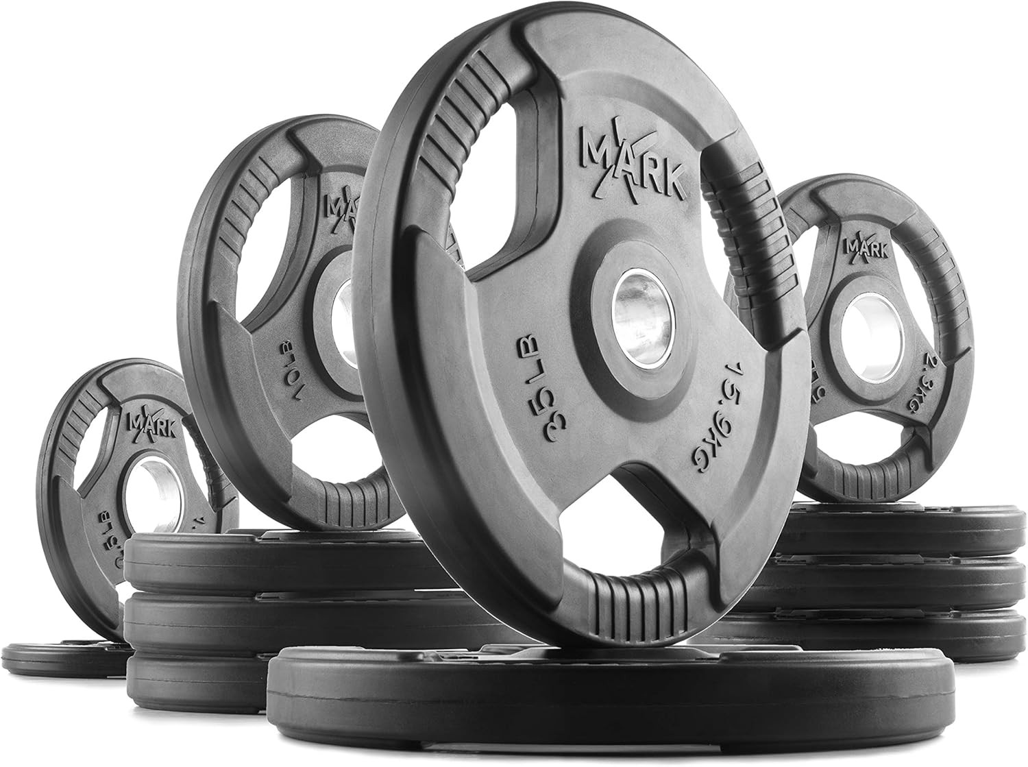 XMark Premium Quality Rubber Coated Tri-Grip Olympic Plate Weights – Sold in Set
