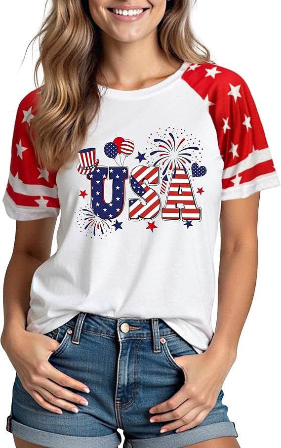 XLIEVO 4th of July Shirts Women:USA Color-Blocking Short-Sleeve American Flag Crew Neck Graphic Tee Patriotism T-Shirt