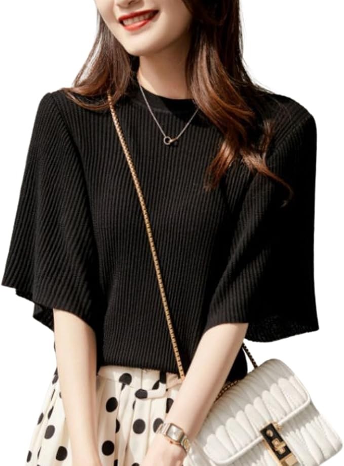 Elixio Women's Summer Knit Cut and Sewn, Spring Clothes, Summer Clothes, Dating Clothes, Rib Knit, Short Sleeves, Dolman Sleeves, Crew Neck, Stylish, Elegant, Office Casual