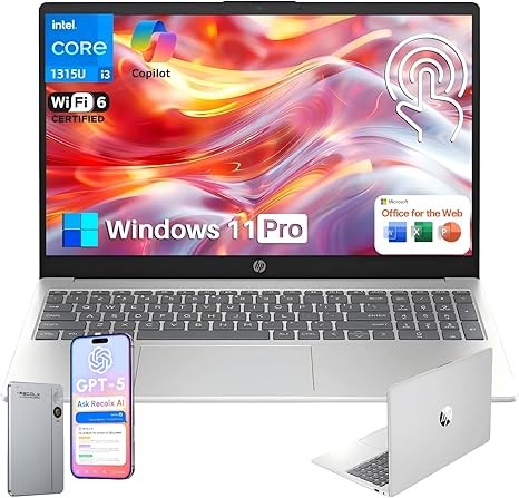 HP 15.6 Touchscreen Laptop for Student & Business, Intel Core i3-1315U (Up to 4.5GHz), 32GB RAM, 1TB SSD, Copilot AI, Wi-Fi 6, HD Camera, Windows 11 Pro, Natural Silver, w/RECOLX AI Voice Recorder