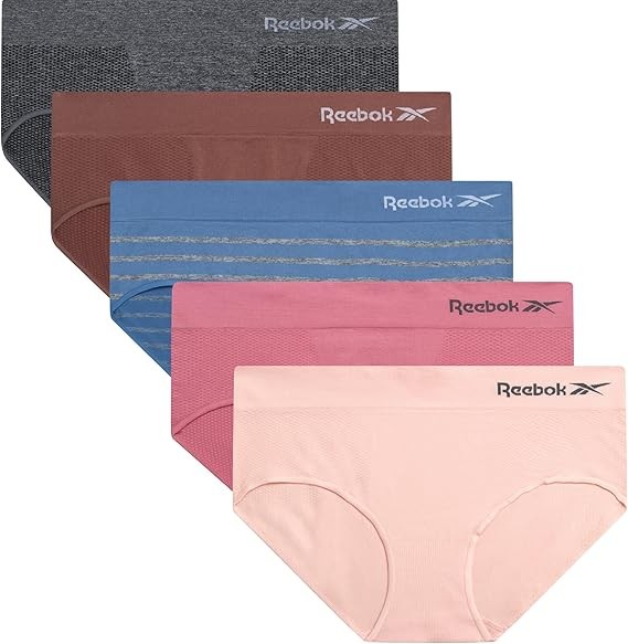 Reebok Womens Hipster Panties Underwear, Stretch Tag-Free Waistband 5 Pack