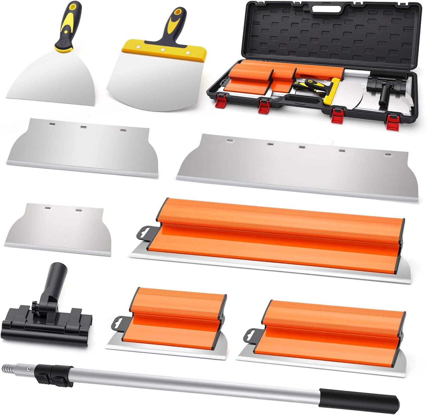 POLIWELL Drywall Skimming Blade Set with Portable Case, Stainless Steel10",14"&22" Skimming Blades with 30"-74" Extension Handle Plus Three Additional Spare Blades for Plasterboard and Wallboard