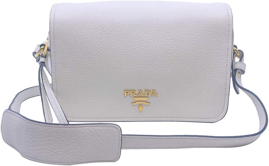 Prada Vitello Phenix Ivory Leather Flap Crossbody Bag Pebbled Calfskin Gold Tone Hardware Adjustable Strap Made in Italy New
