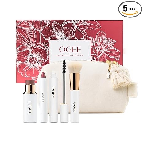 Ogee Minute to Glow - Limited Edition Holiday Makeup Gift Set - Includes 5 Products in 3 Easy Steps - Includes Sculpted Face Stick, Tinted Lip Oil, Mascara & Blender Brush