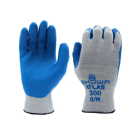 SHOWA Atlas 300 Original 1994 Crinkle Grip Work Gloves, Natural Latex Palm, Heavy Duty 10-Gauge for Construction, Landscaping, Gardening, & Masonry, Blue, Small, 12-Pair