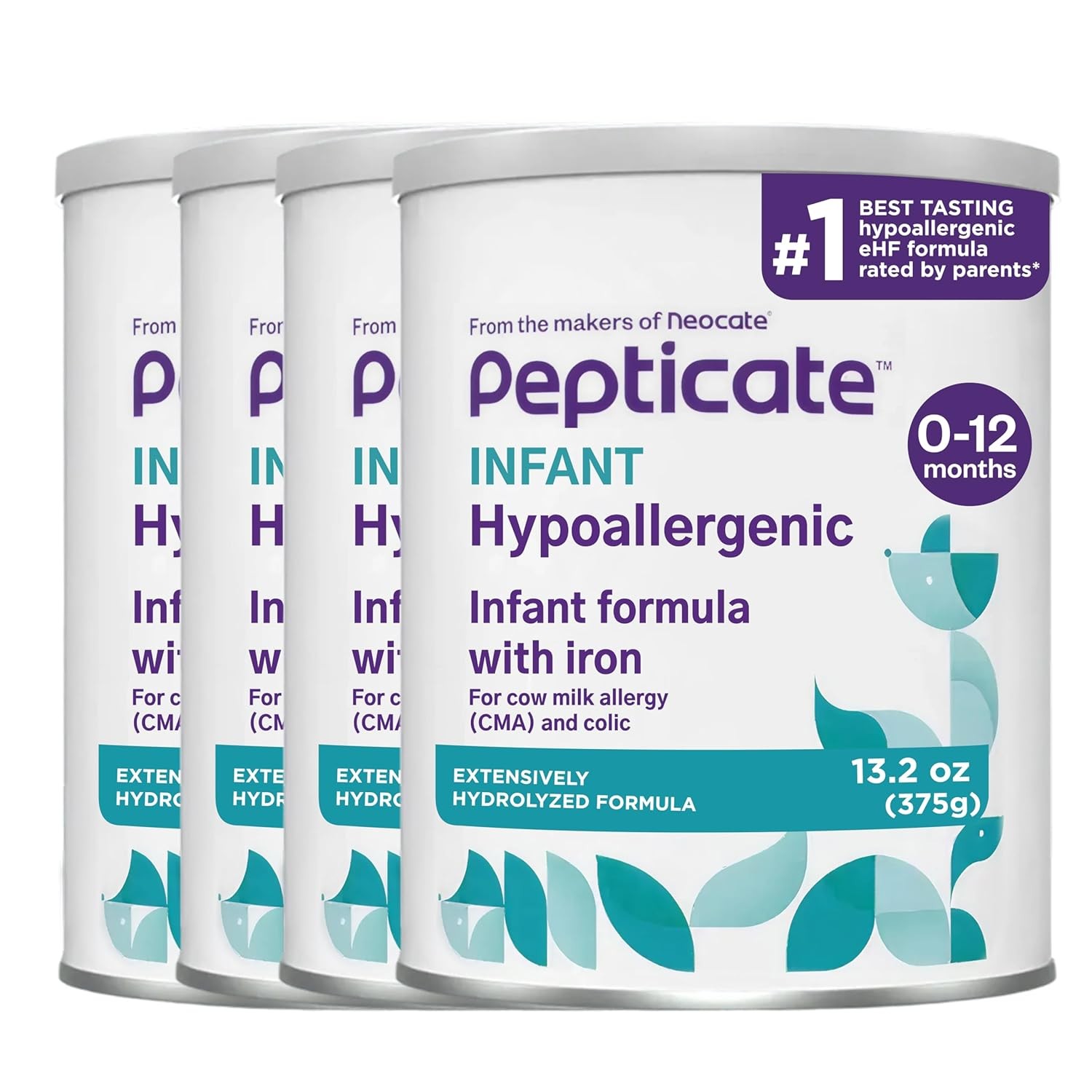 Pepticate Hypoallergenic Infant Formula for Relief of Cow Milk Allergy Symptoms, Nutritionally Complete Baby Milk with DHA, ARA & Prebiotics, Baby Formula Suitable from 0-12 months, 13.2oz (Pack of 4)