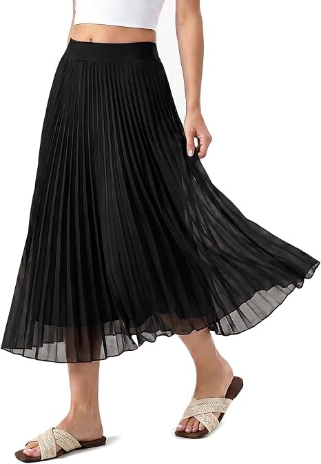 QINSEN Women's Elegant Flowy Pleated Chiffon Skirts Summer A-line Swing Midi Skirts Casual Elastic Waist Soft Lining