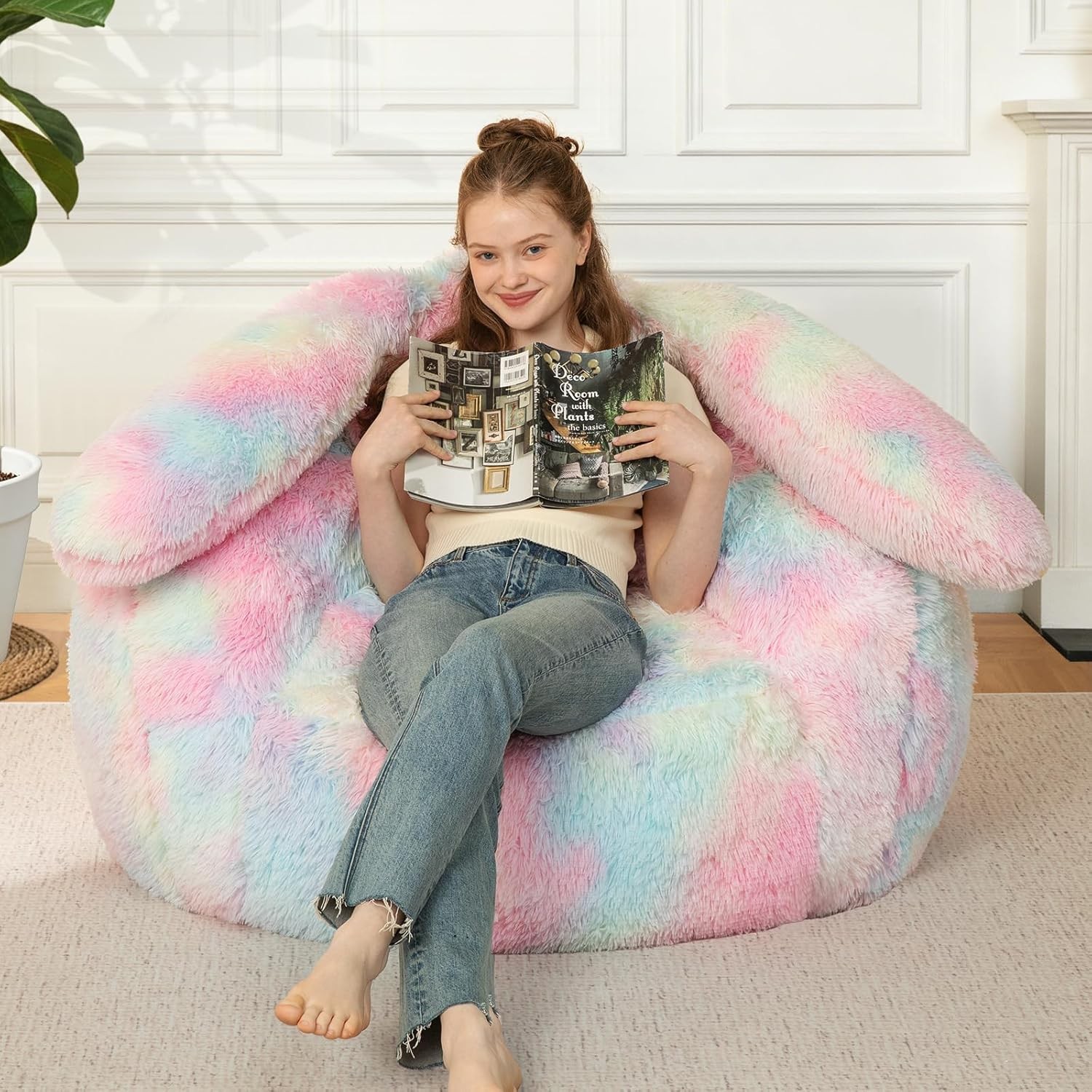 Achicsofar Bean Bag Chair for Adults Teens Giant Fluffy Plush Bean Bag Sofa with Filler Faux Fur Rabbit Shaped Beanbag Chairs Comfy Accent Floor Couch for Gaming, Reading in Bedroom, Living Room, Dorm