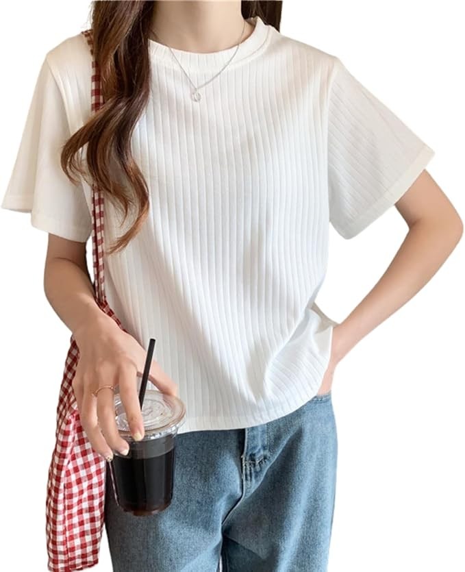 Elixio Women's Ribbed T-Shirt, Short Sleeve, Cut and Sew Top, Round Neck, Loose, Body Cover, Thin, Plain, Simple, Cool, Casual, Inner, Spring, Summer
