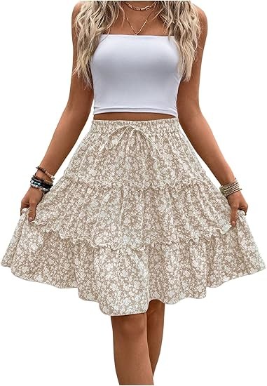 Verdusa Women's Boho Floral Tiered Ruffle Skirts Flowy Flared Summer Knee Length Midi Skirt