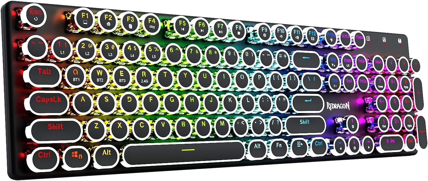 Redragon K710 Wireless Typewriter Style Mechanical Gaming Keyboard, Bluetooth/2.4Ghz/Wired, RGB Backlit, Rechargeable, Blue Switch - Clicky, Metal Panel, Round Keycaps, Black