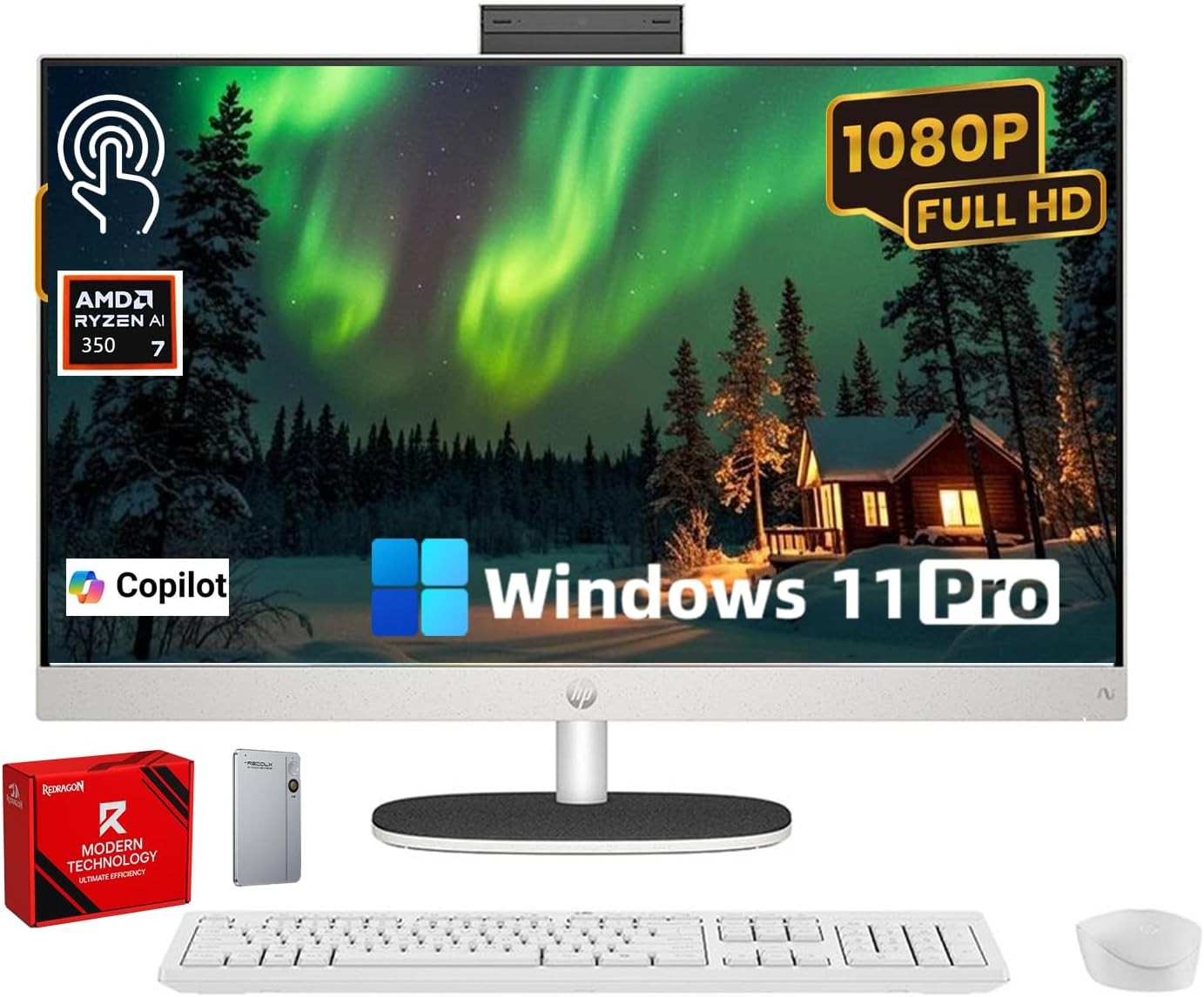 HP 27" FHD Touchscreen 2TB Mega Storage All-in-One Desktop Computer, 16GB DDR5 RAM, 2TB Storage (1TB SSD + 1TB External), AMD Ryzen 5 7520U Processor, WiFi6, Wireless Keyboard & Mouse, Windows 11