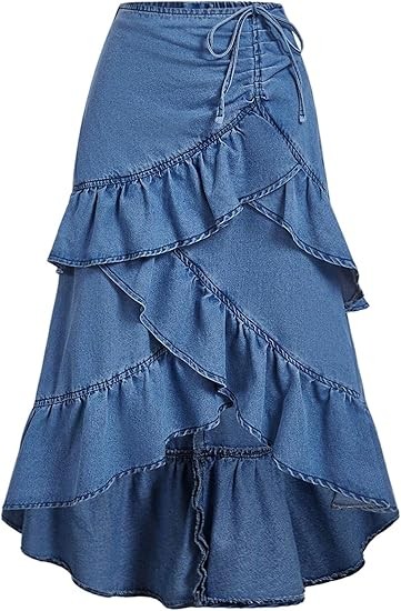 Verdusa Women's Asymmetrical Long Jean Skirt Y2k Ruffle Denim Maxi Skirt Tiered Layered Going Out Skirts