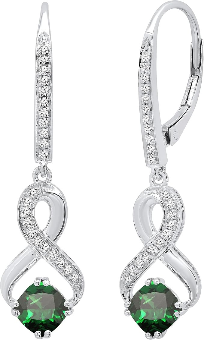 Dazzlingrock Collection: 5mm cushion-shaped artificial gemstones & round natural diamonds for women. Infinity dangling drop earrings in genuine solid gold & 925 sterling silver, yellow gold, artificia